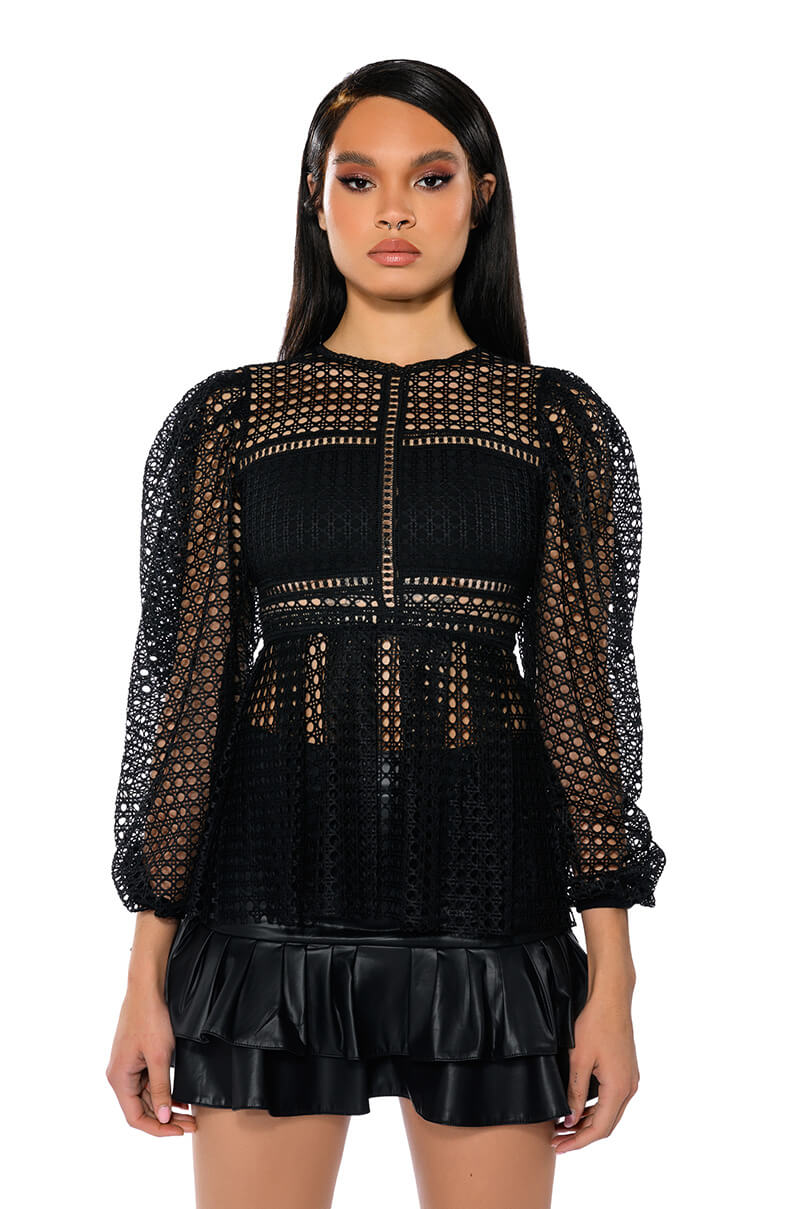 Front View Make The World Yours Peplum Fitted Long Sleeve Blouse