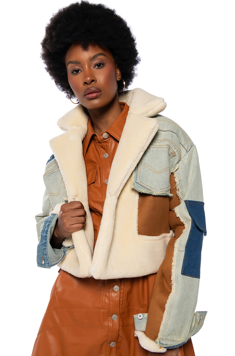 Front View Makin It Blend Denim Shearling Crop Jacket
