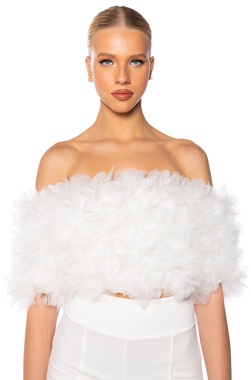 Front View Making The Cut 3d Floral Off Shoulder Crop Top In White