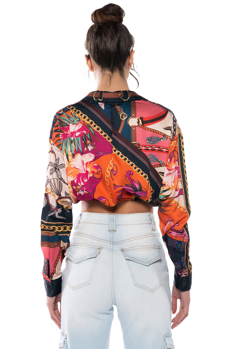Full View Malibu Scarf Print Tie Front Blouse