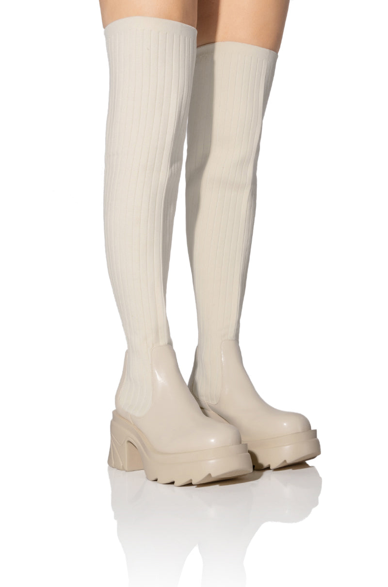 Front View Margot Knit Stretch Boot In Cream