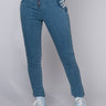 Front View Margot Lace Up Skinny Jeans in Medium Blue Denim