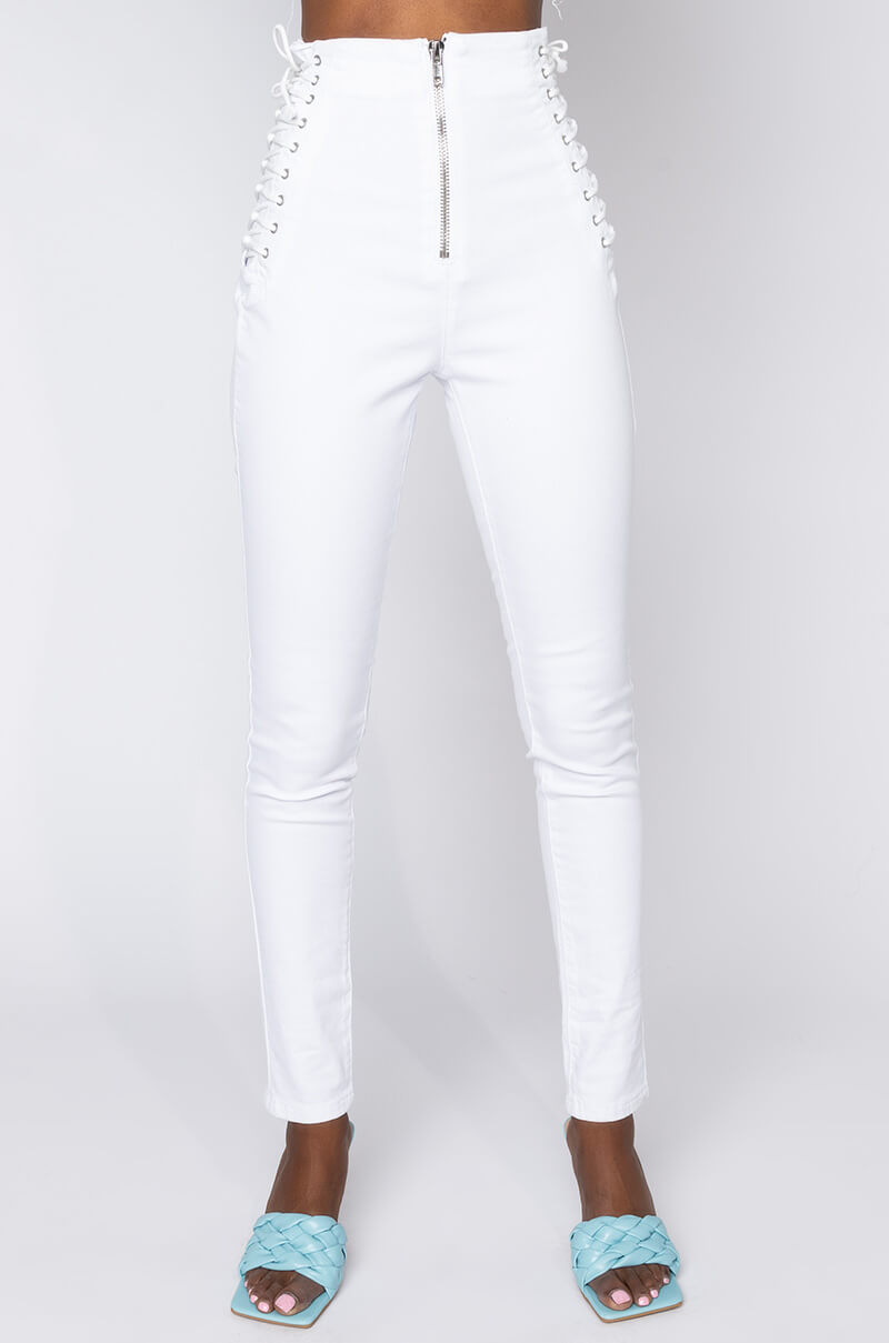 Front View Margot Lace Up Skinny Jeans in White