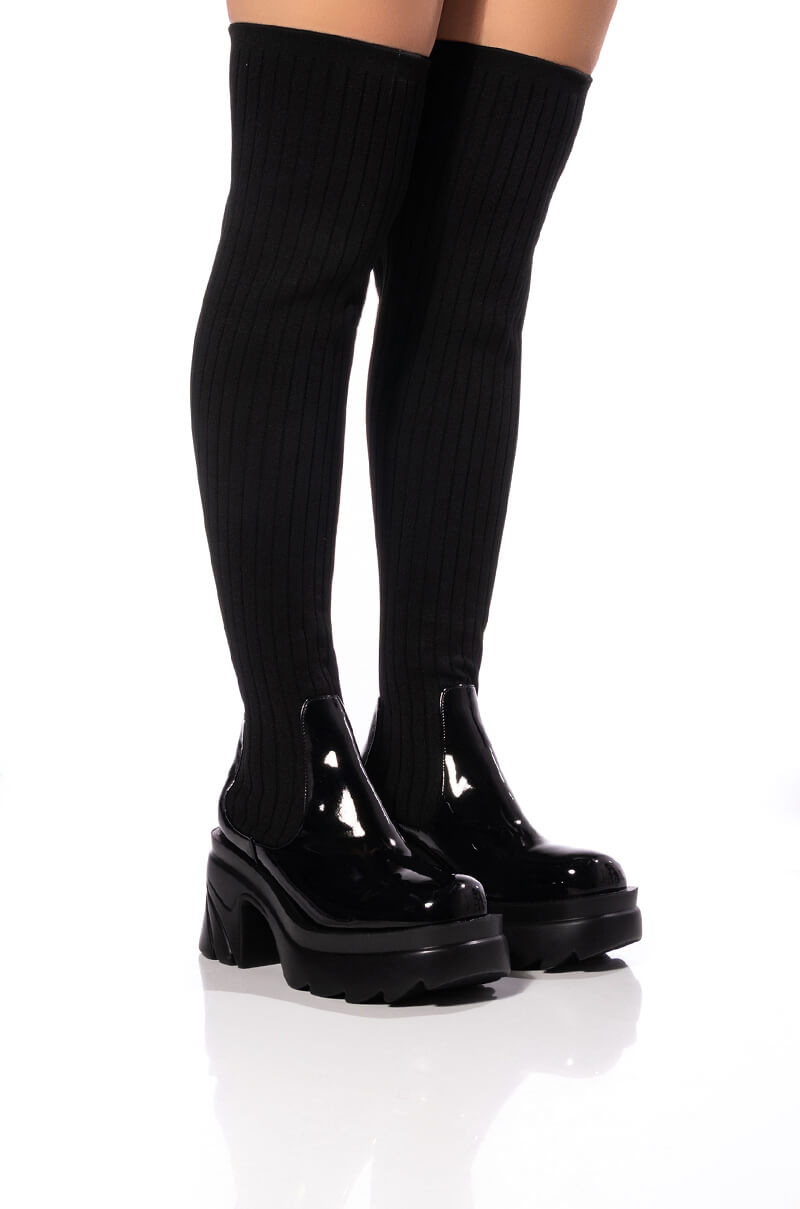 Front View Margot Thigh High Knit Stretch Boot In Black
