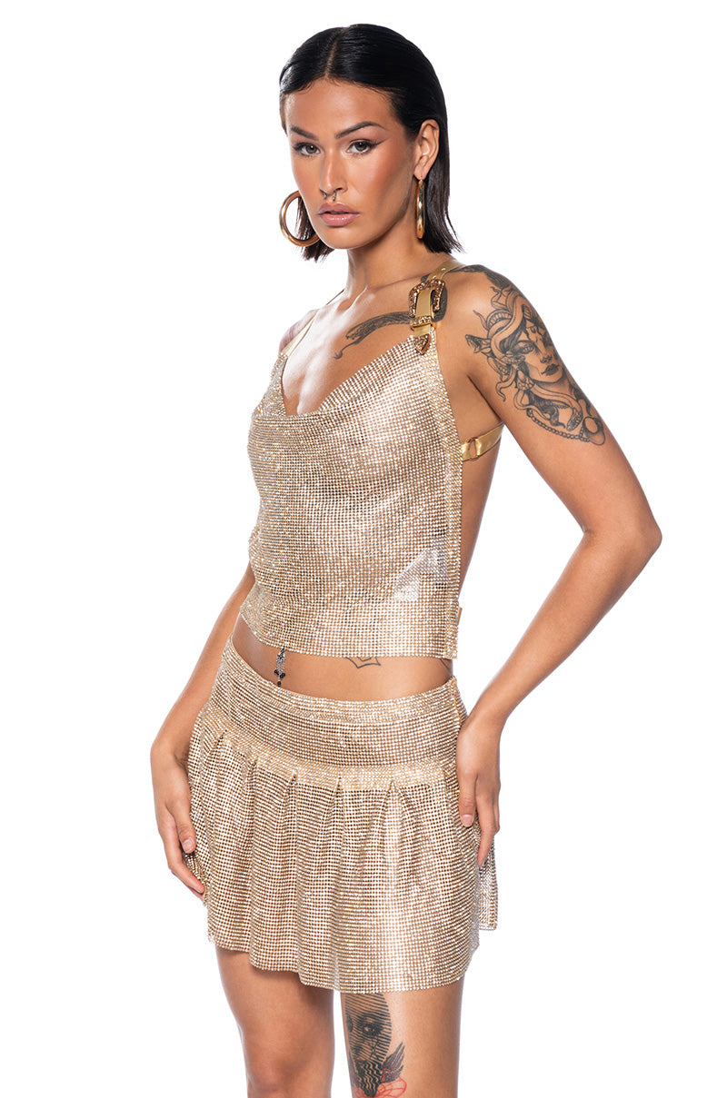 Front View Mariela Rhinestone Chainmail Cowl Neck Top