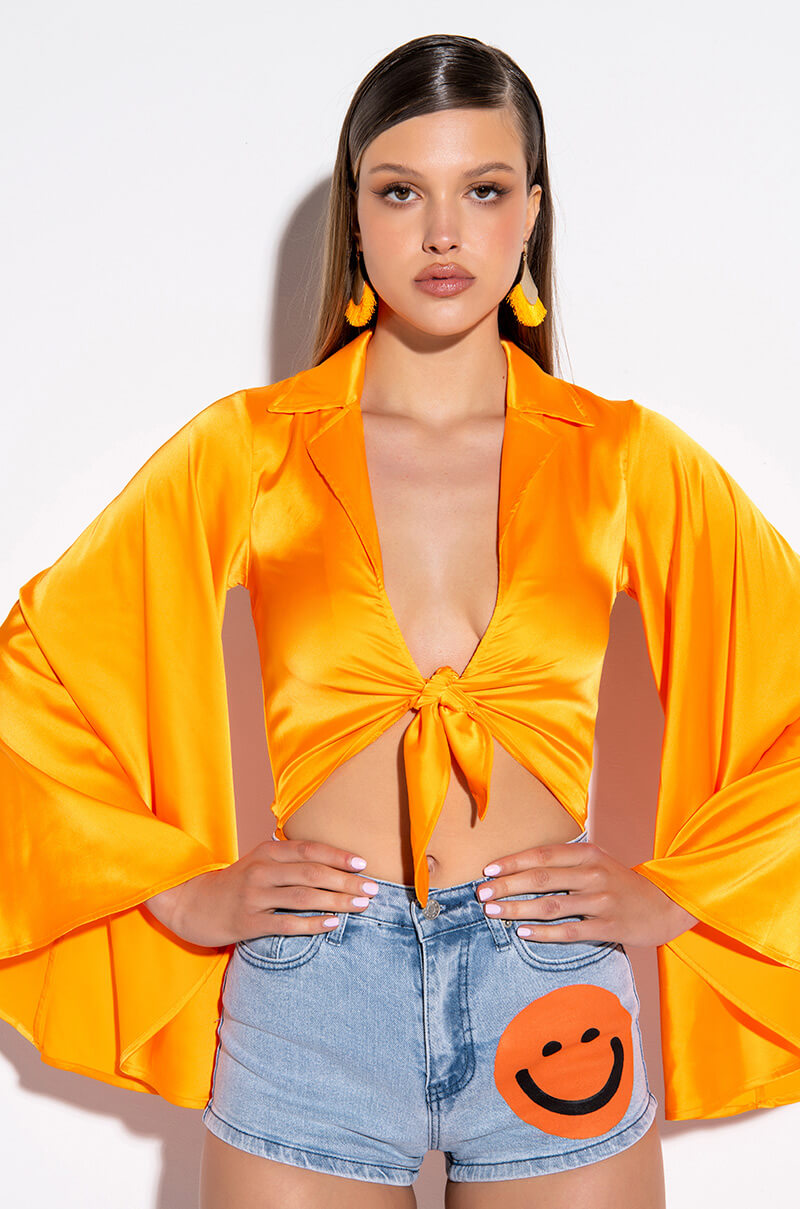 Front View Mariposa Tie Front Butterfly Sleeve Satin Bodysuit