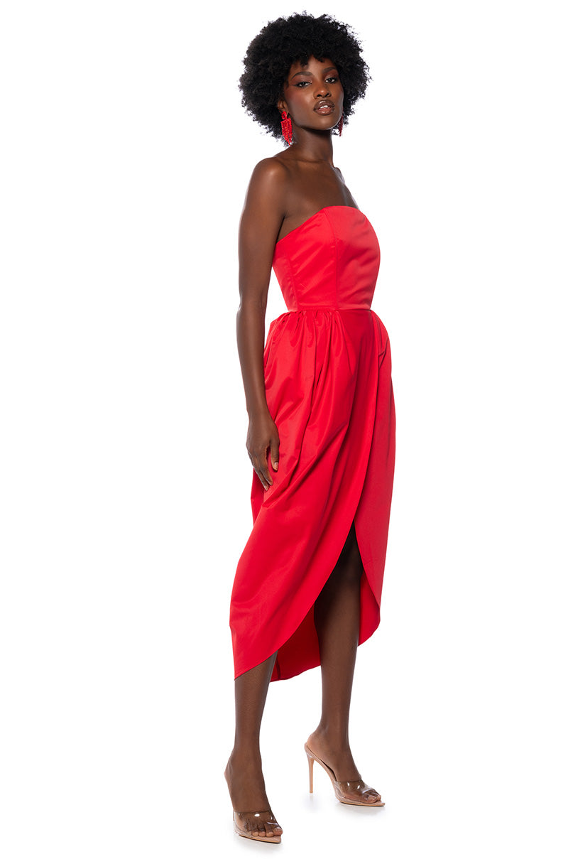TULIP SKIRT SPAGHETTI STRAP MIDI DRESS IN RED AKIRA TULIP SKIRT SPAGHETTI STRAP MIDI DRESS IN RED AKIRA