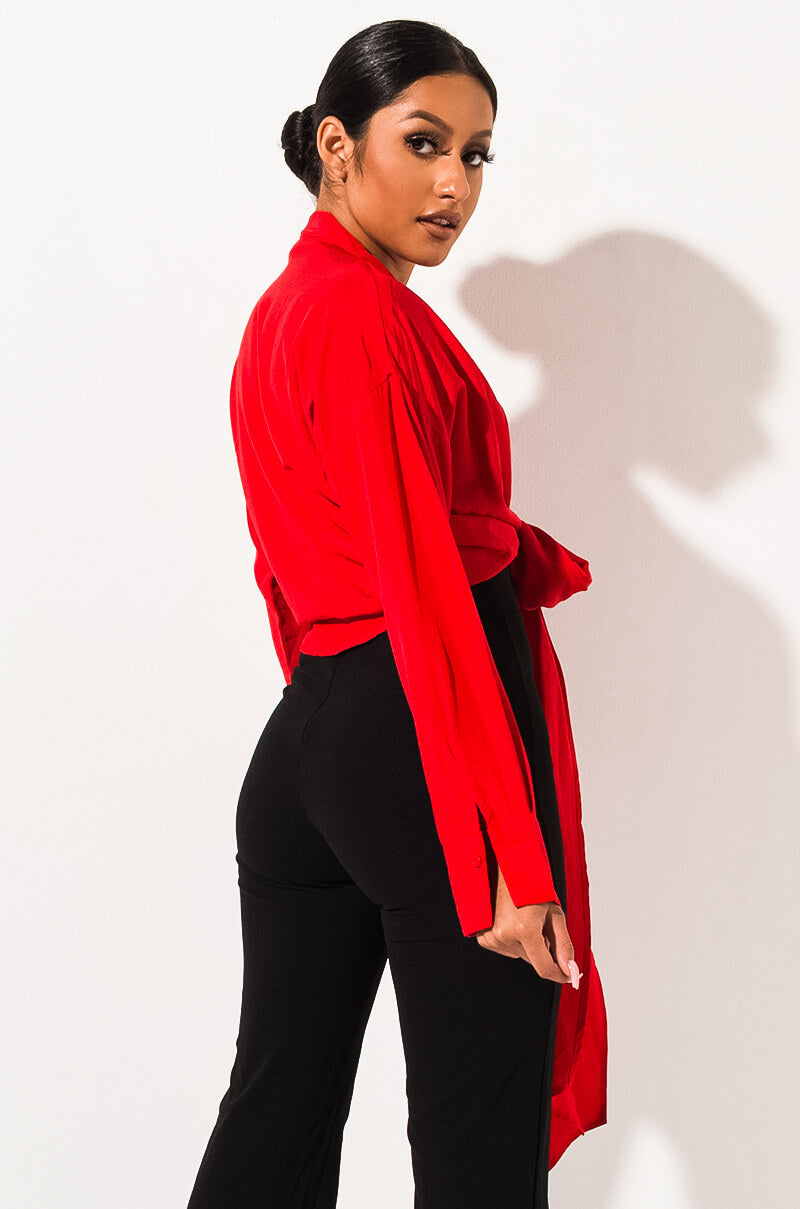 Side View Material Girl Tie Front Blouse  in Red