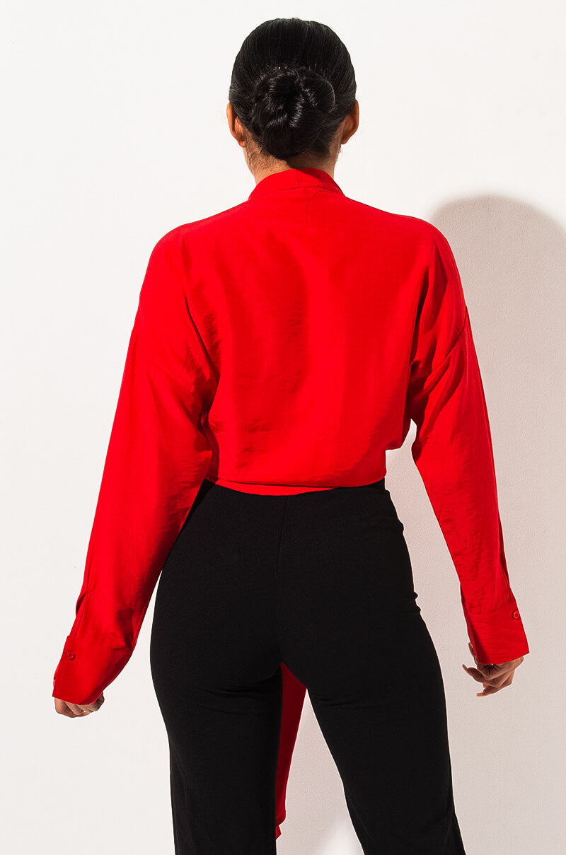 Back View Material Girl Tie Front Blouse  in Red
