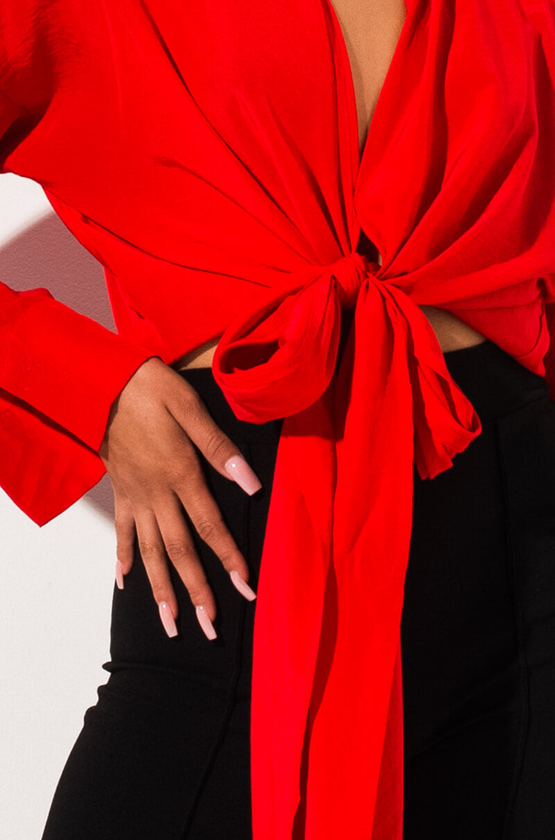 Detail View Material Girl Tie Front Blouse  in Red