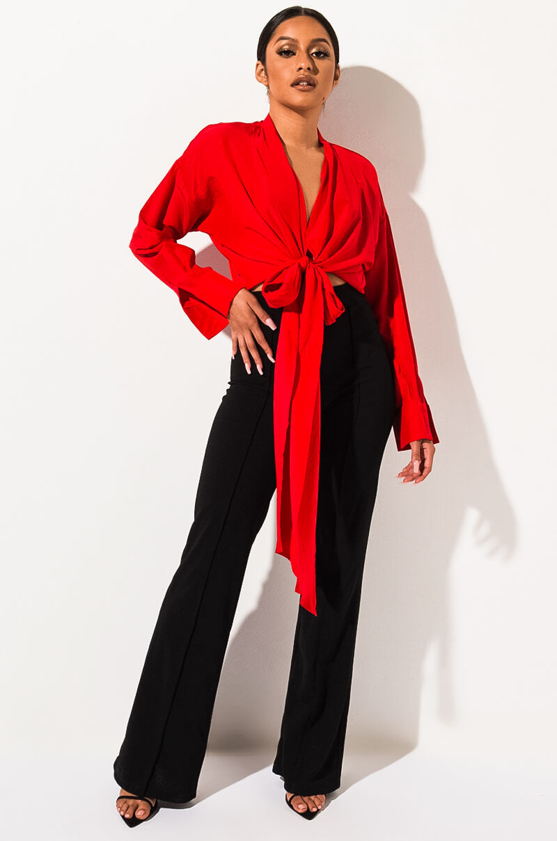 Full View Material Girl Tie Front Blouse  in Red