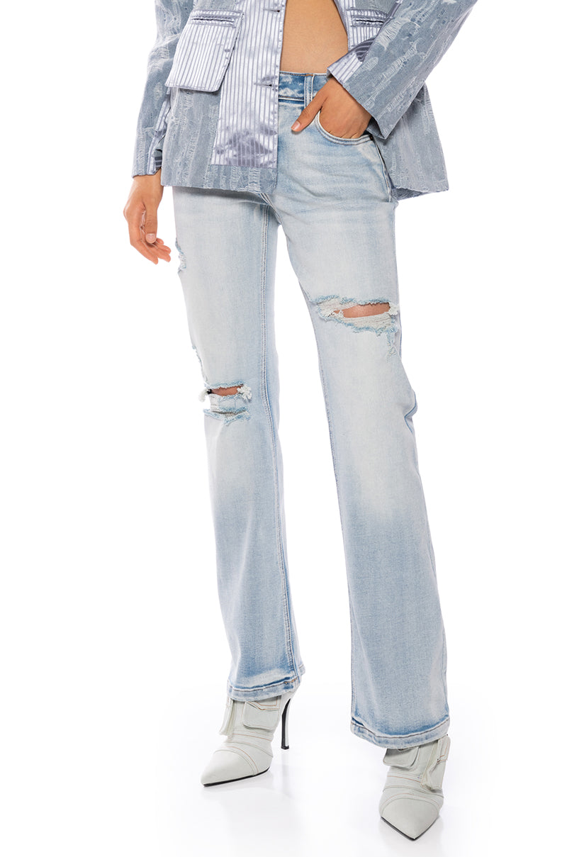 Front View Maverick Distressed Mid Rise Jeans