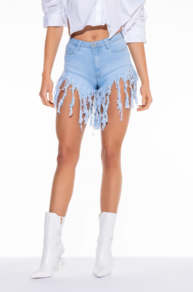 Front View Maxi Fringe High Waisted Denim Shorts 0