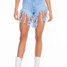 Front View Maxi Fringe High Waisted Denim Shorts