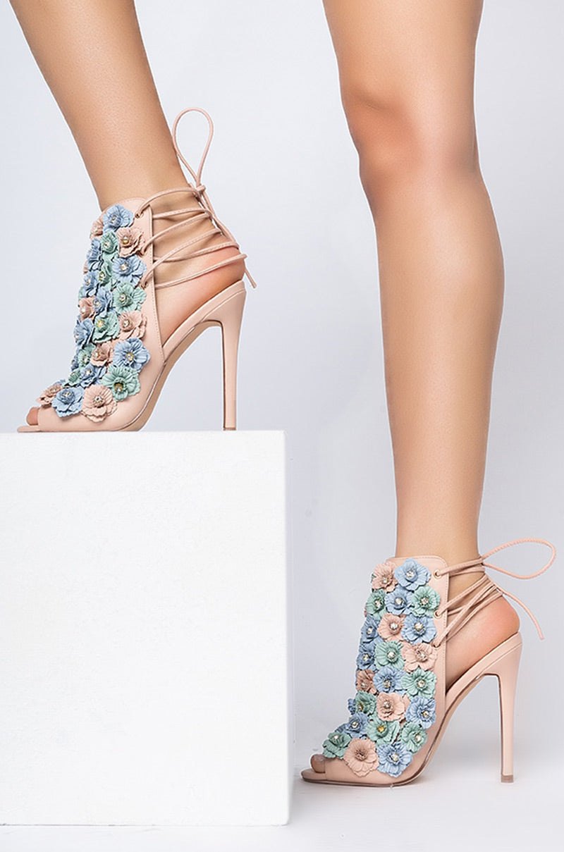 Front View May Flowers Stiletto Sandal in Nude