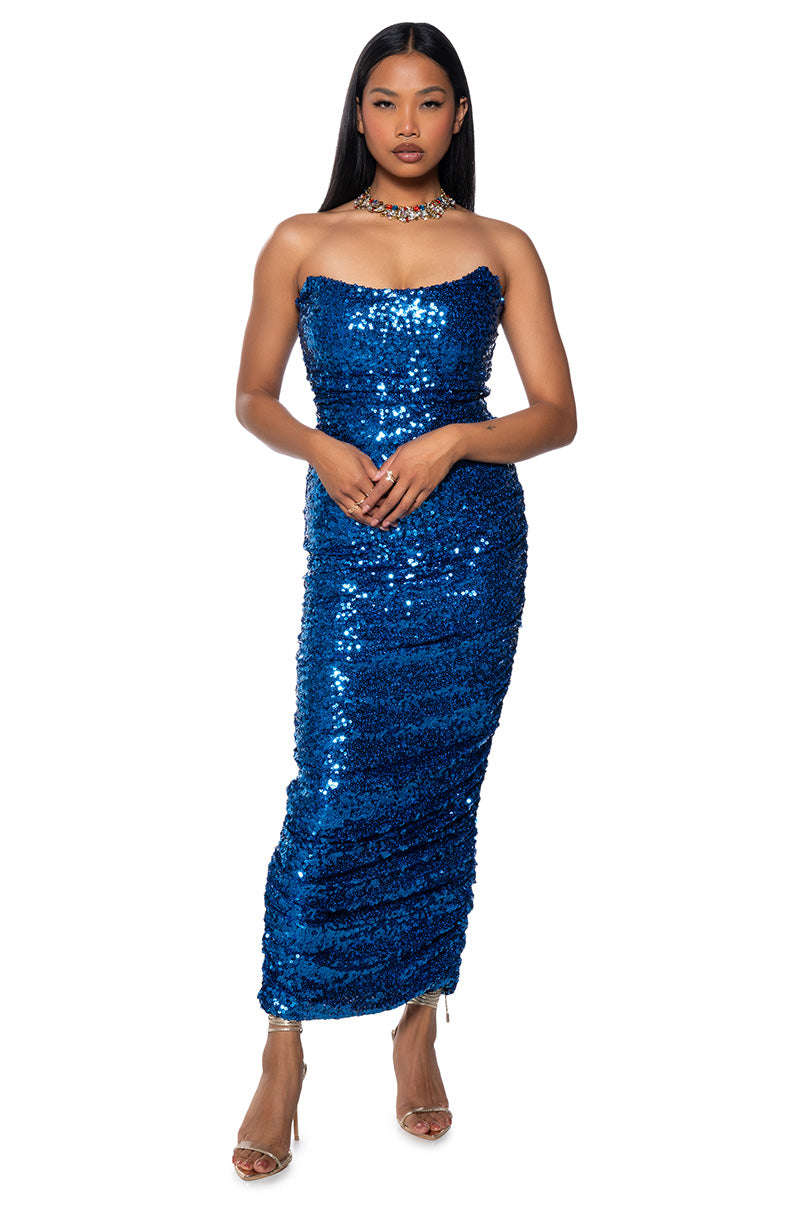 MAYA SEQUIN STRAPLESS MIDI DRESS IN BLUE – AKIRA