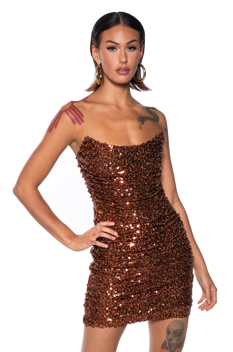 Front View Maya Sequin Strapless Mini Dress In Brown