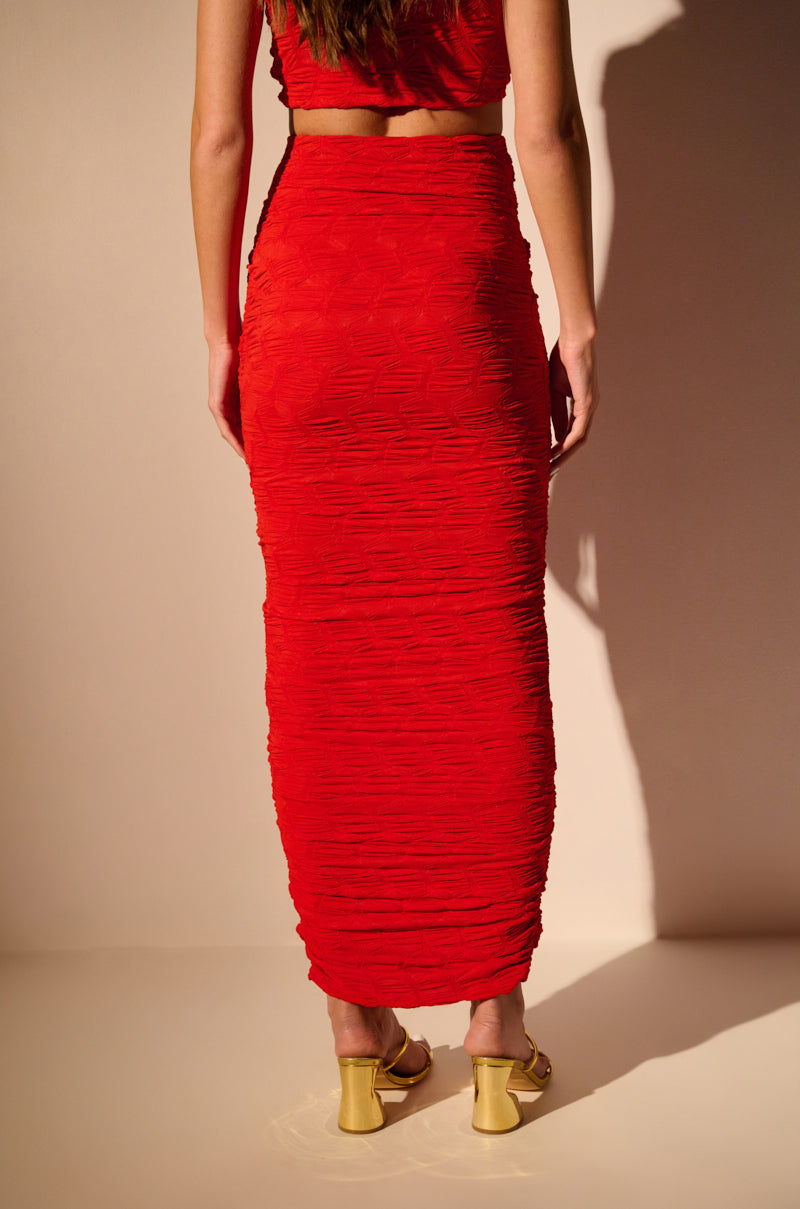 Back View Maybe Next Time Ruched Maxi Skirt In Red