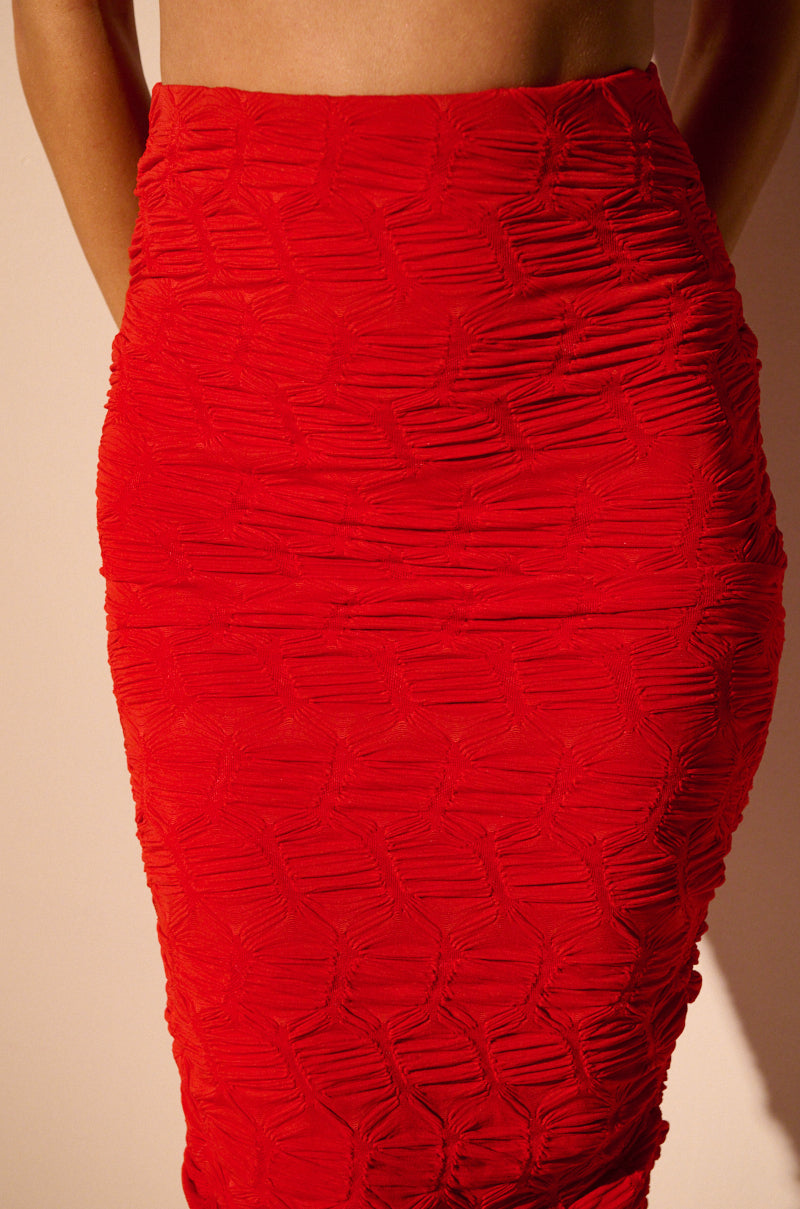 Extra View Maybe Next Time Ruched Maxi Skirt In Red