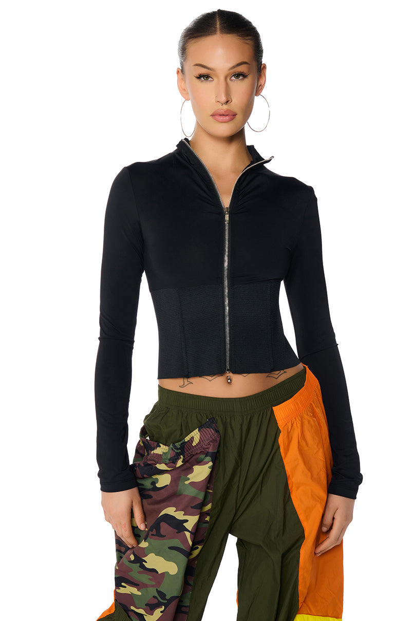 Front View Mayra Long Sleeve Bandage Knit Corset Detail Top