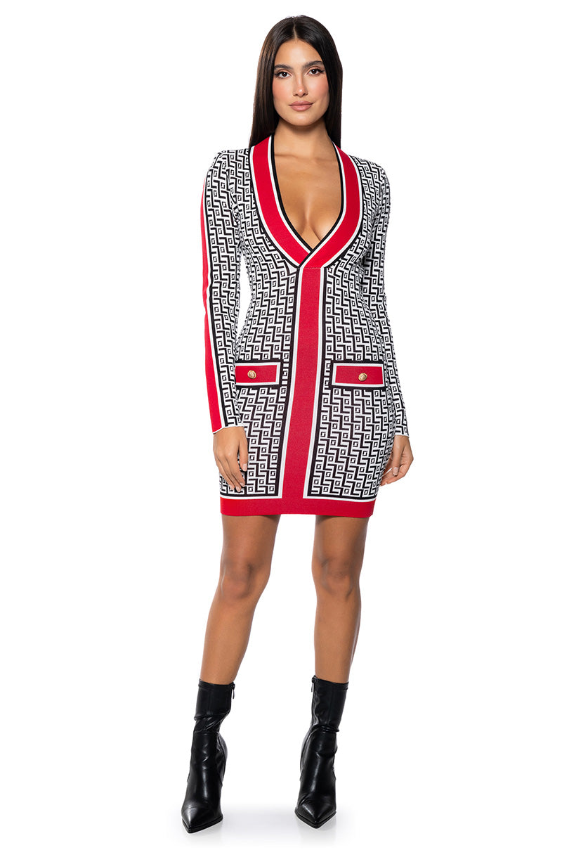 Back View Mazey Printed Long Sleeve Mini Dress
