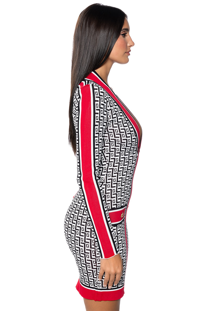 Detail View Mazey Printed Long Sleeve Mini Dress
