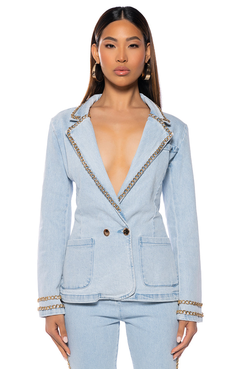 Front View Me Myself And I Chain Detail Denim Blazer