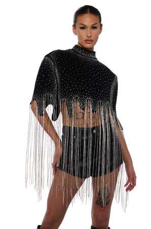 ジャケット・アウター acka cape fringe tops MEET IN THE LIGHT RHINESTONE FRINGE CROPPED CAPE – AKIRA