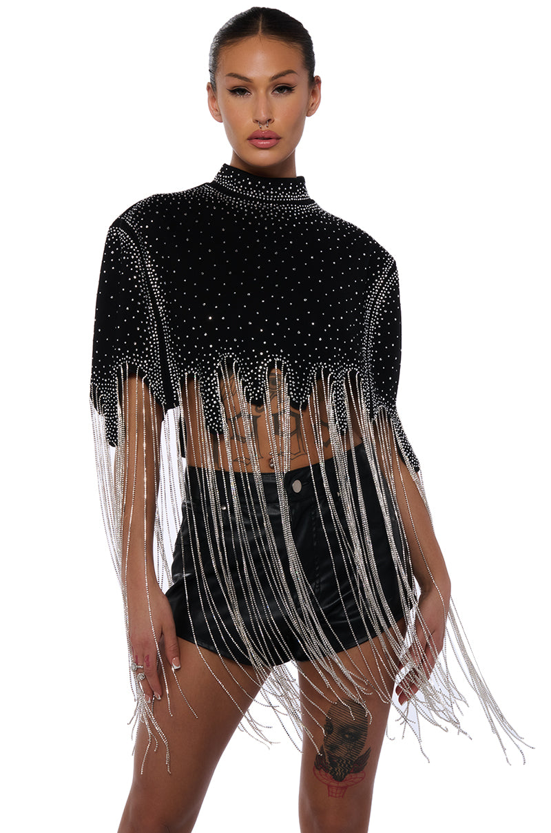 MEET IN THE LIGHT RHINESTONE FRINGE CROPPED CAPE