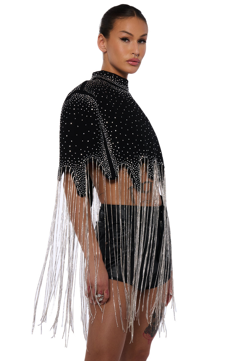 Back View Meet In The Light Rhinestone Fringe Cropped Cape