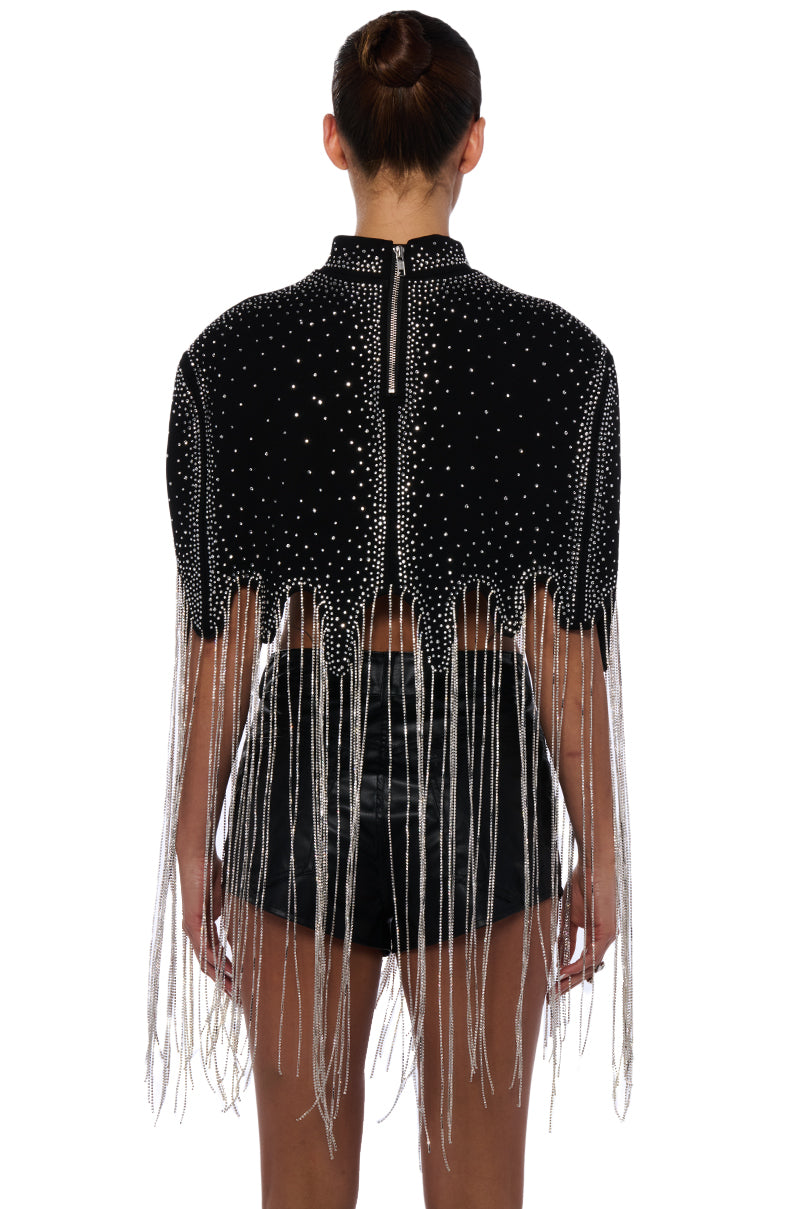 Extra View Meet In The Light Rhinestone Fringe Cropped Cape
