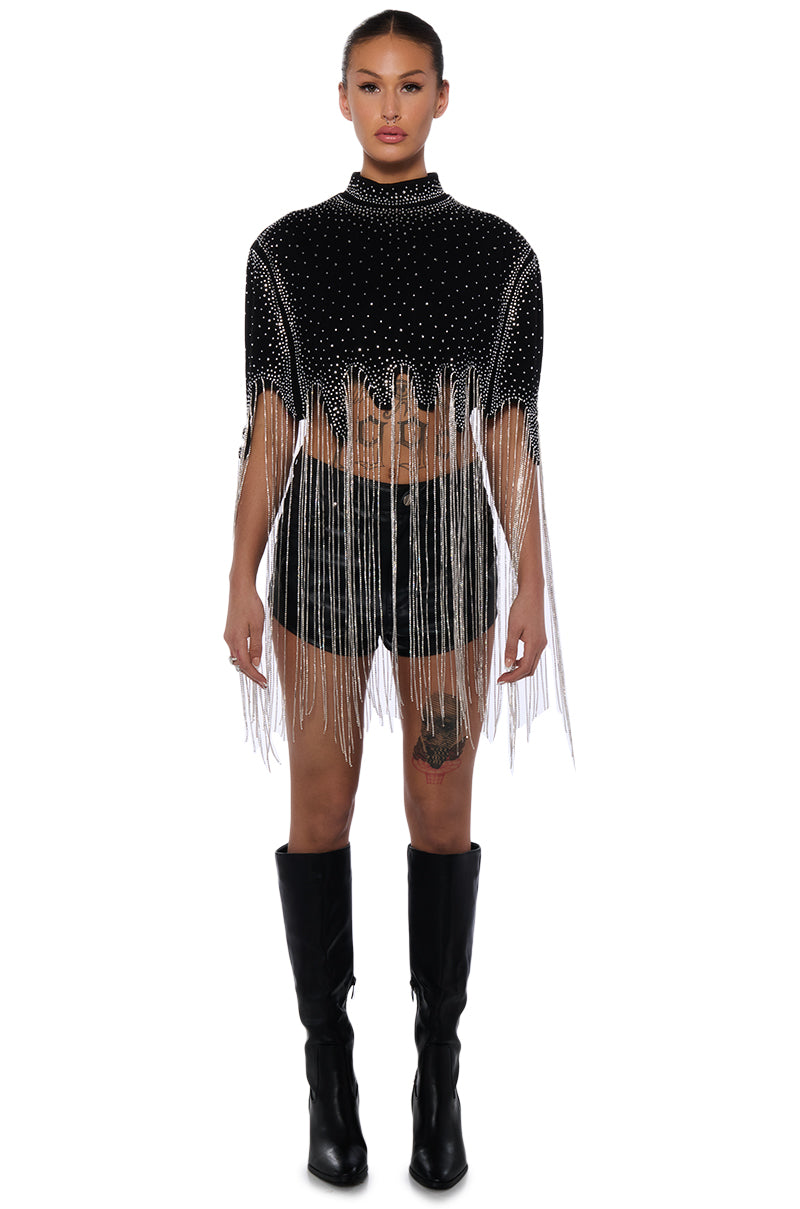 Extra View Meet In The Light Rhinestone Fringe Cropped Cape