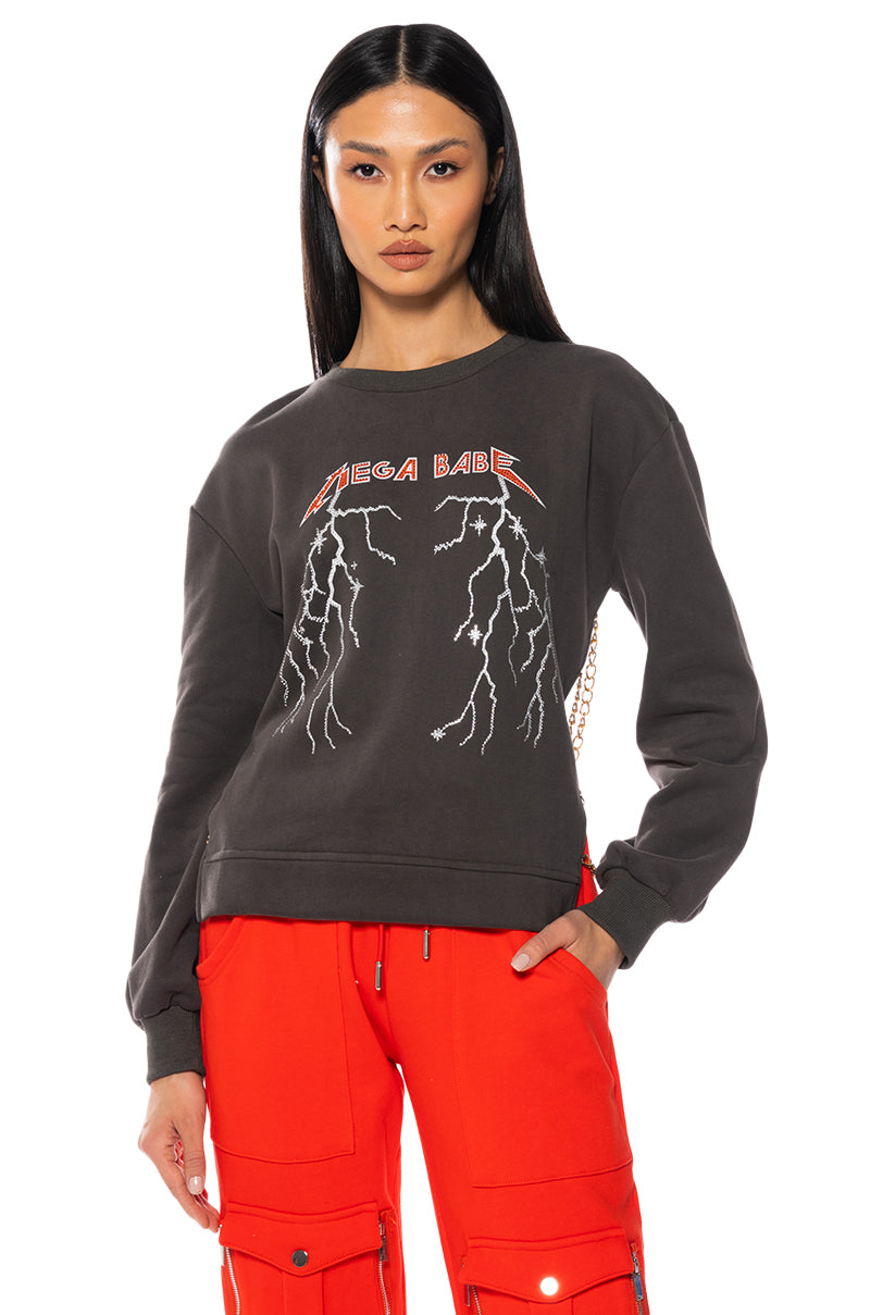 Front View Mega Babe Rhinestone Detail Open Back Sweatshirt