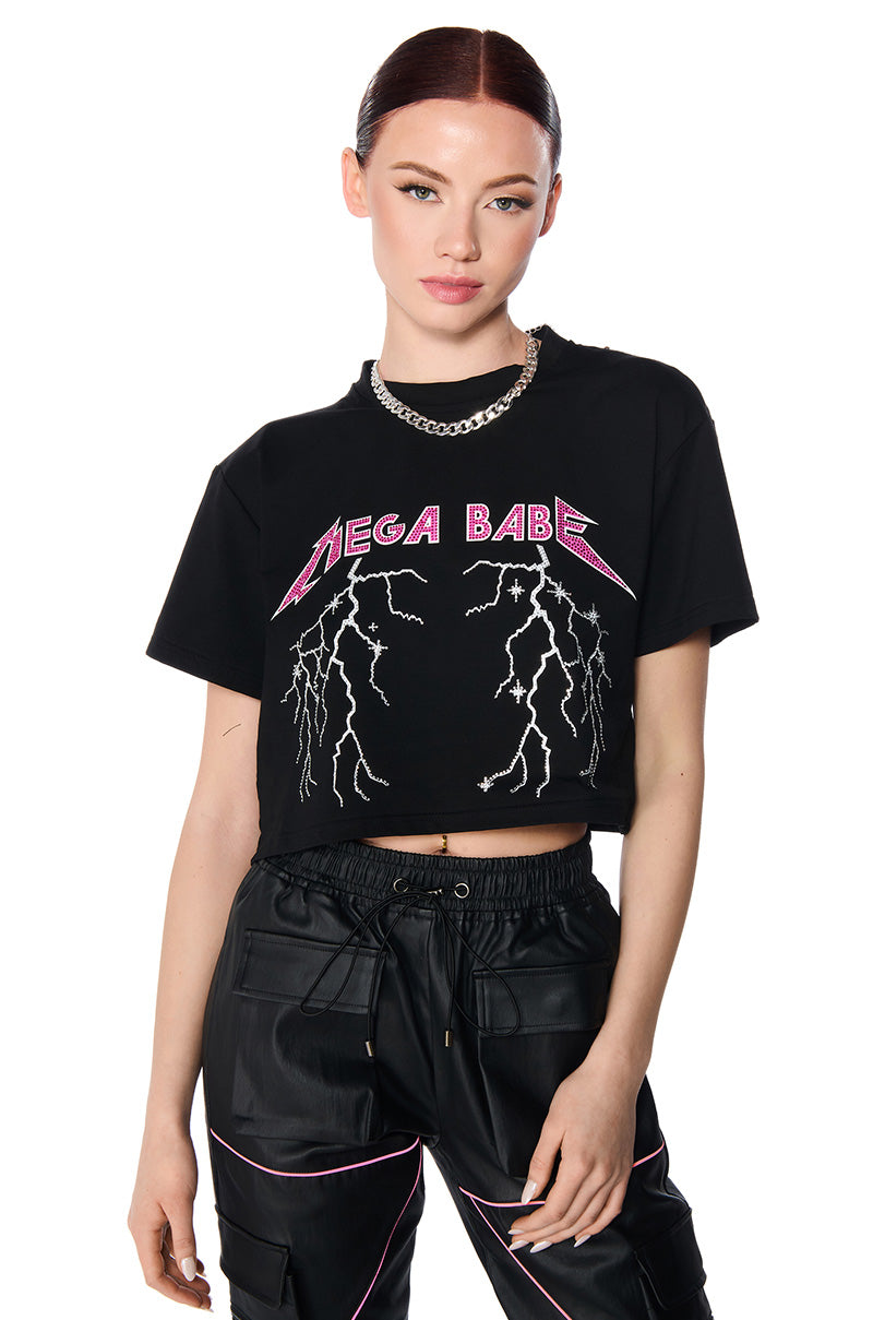 Front View Mega Embellished Open Back Crop Tshirt In Black