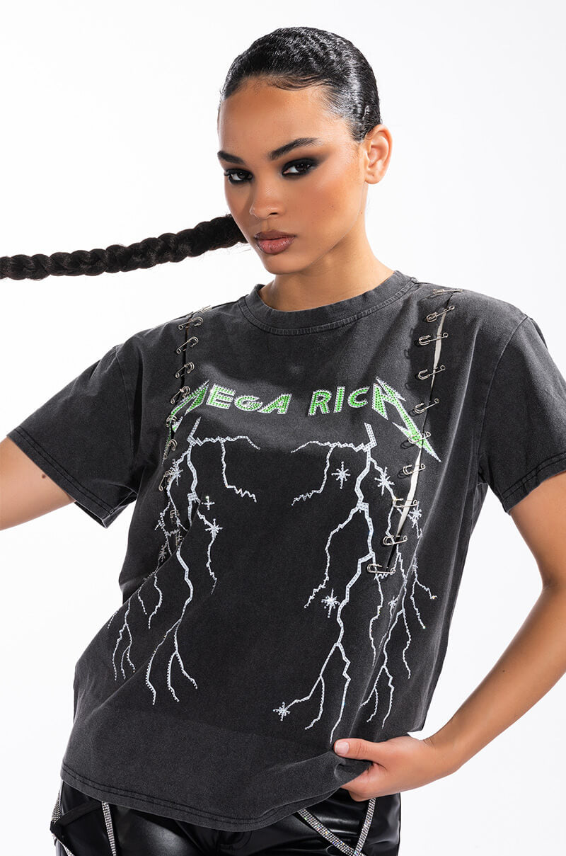 Front View Mega Or Bust Embellished Graphic Tshirt