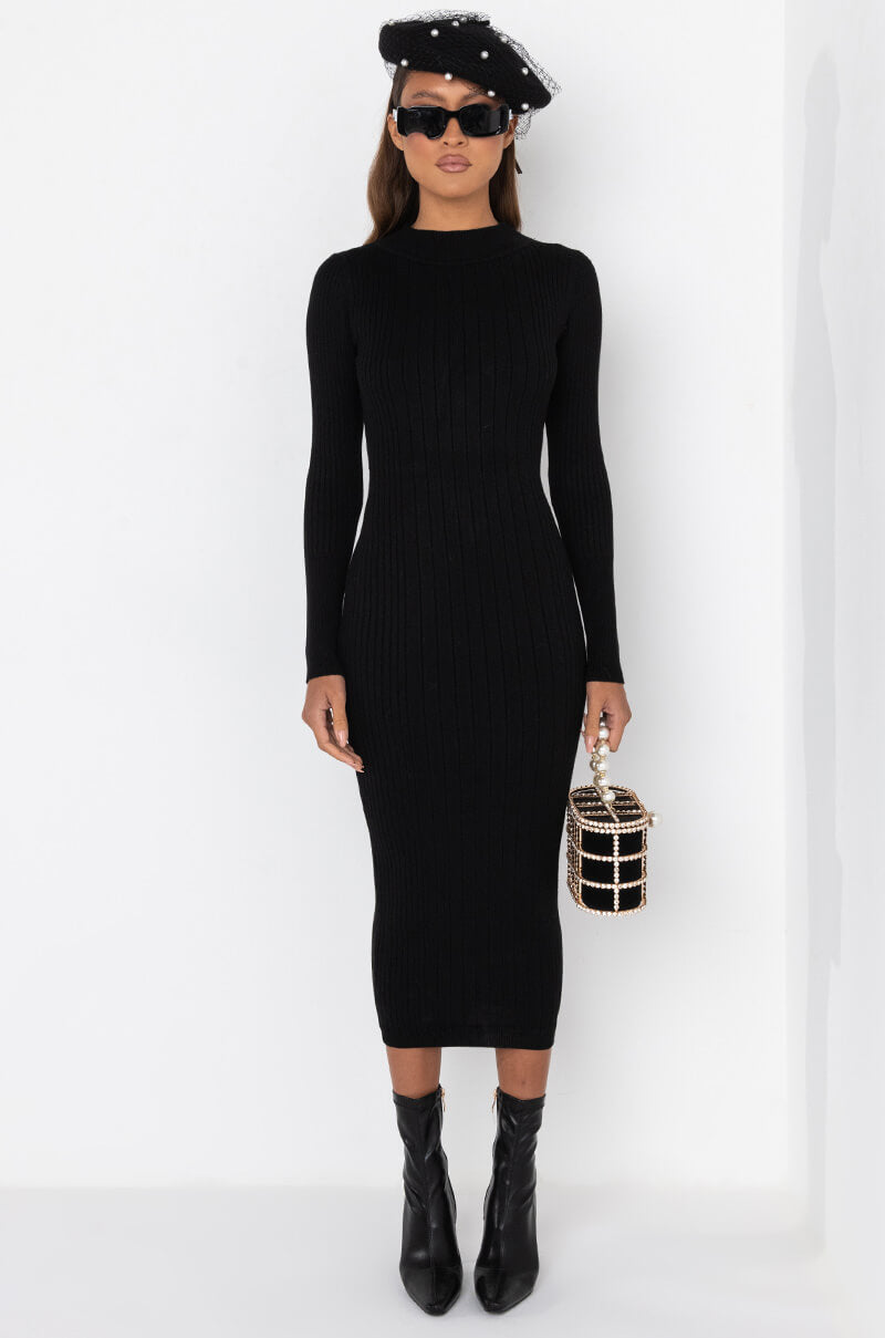 Front View Megan Sweater Ribbed Open Back Midi Dress