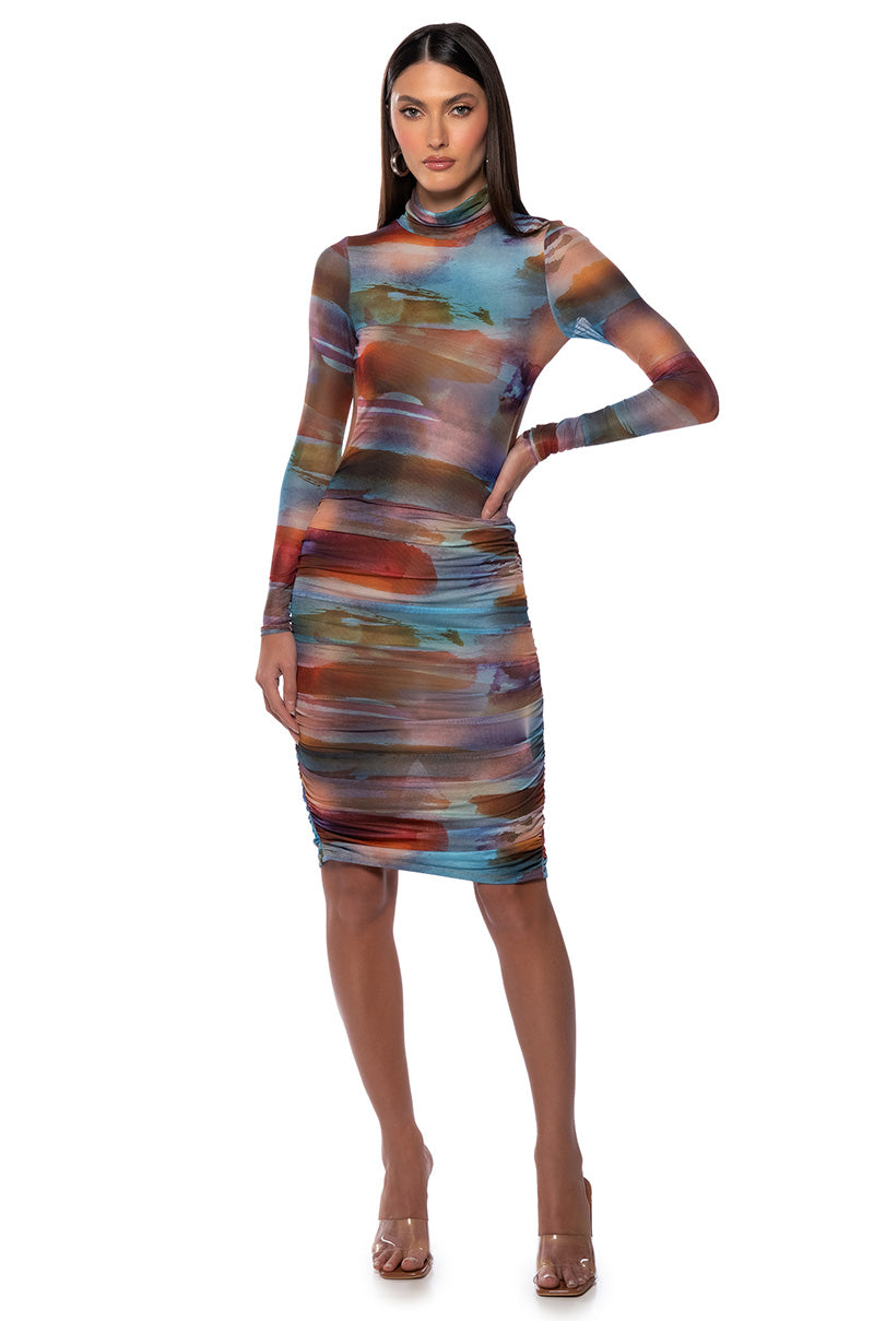 Front View Mel Printed Open Back Midi Dress