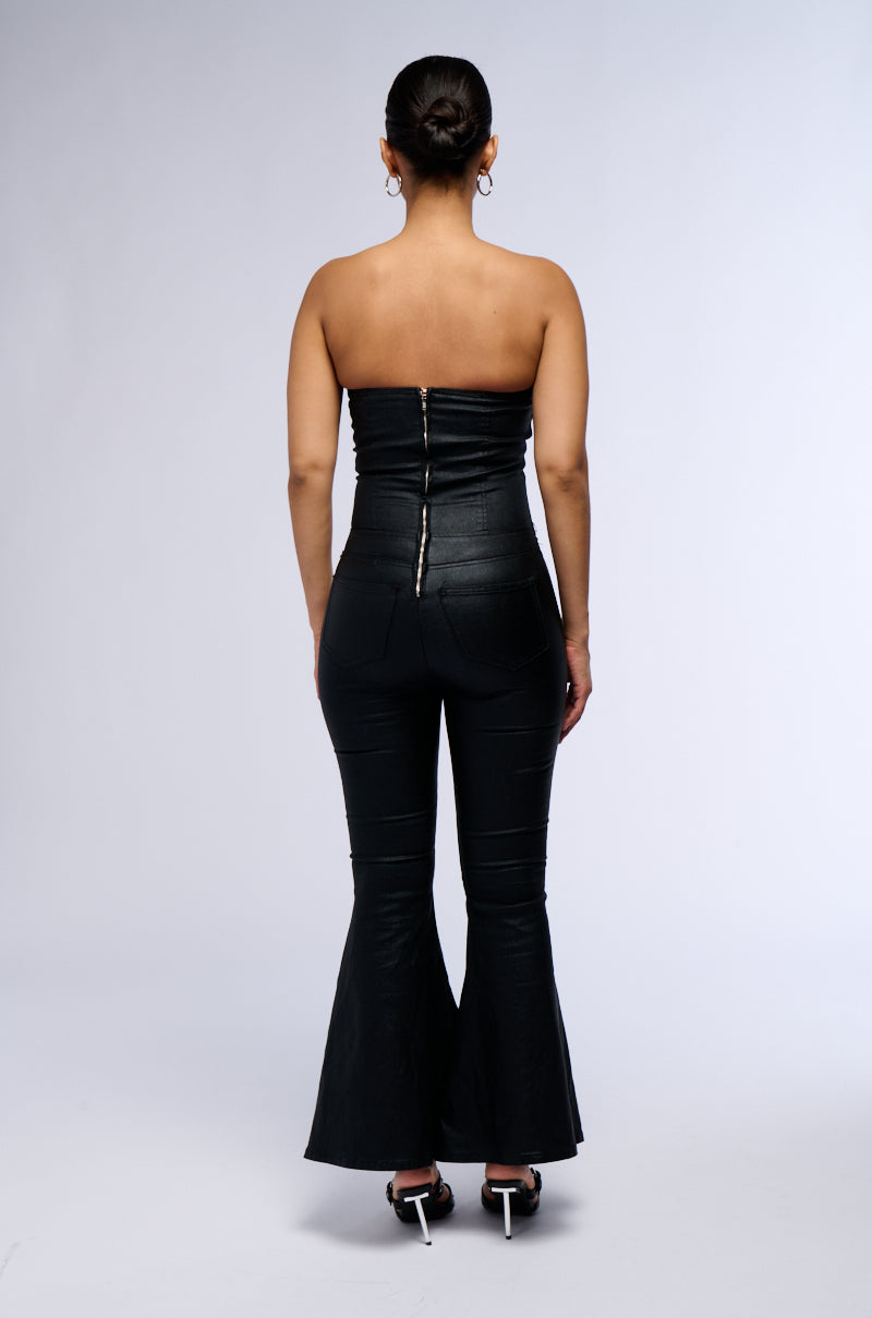 Detail View Melody Flare Leg Faux Leather Jumpsuit