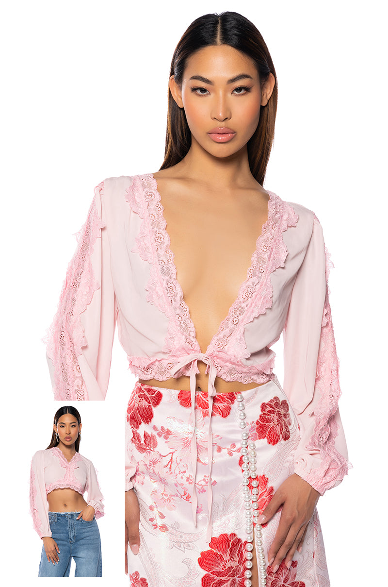 Front View Melody Wear It Two Way Lace Trim Blouse
