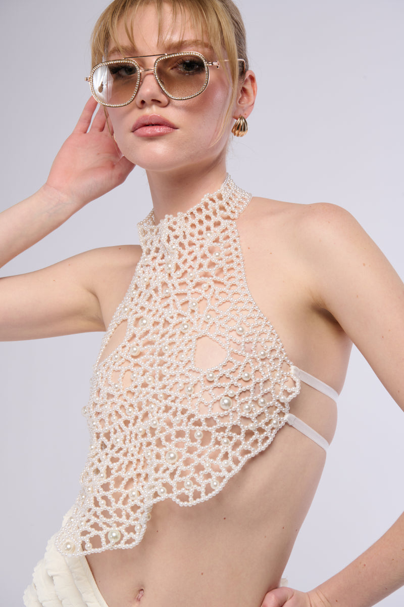 Side View Mermaidcore Pearl Detail Tie Top