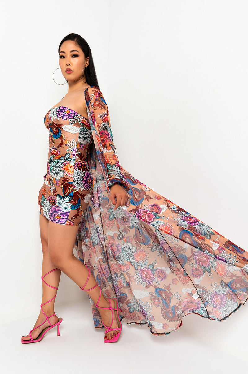Front View Mess With Your Head Oriental Printed Mesh Duster in Beige Multi