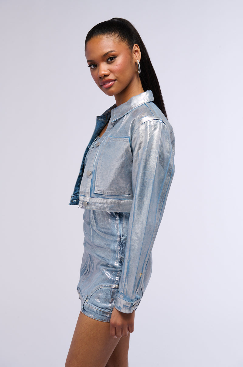 Side View Metallic Denim Button Down Crop Jacket