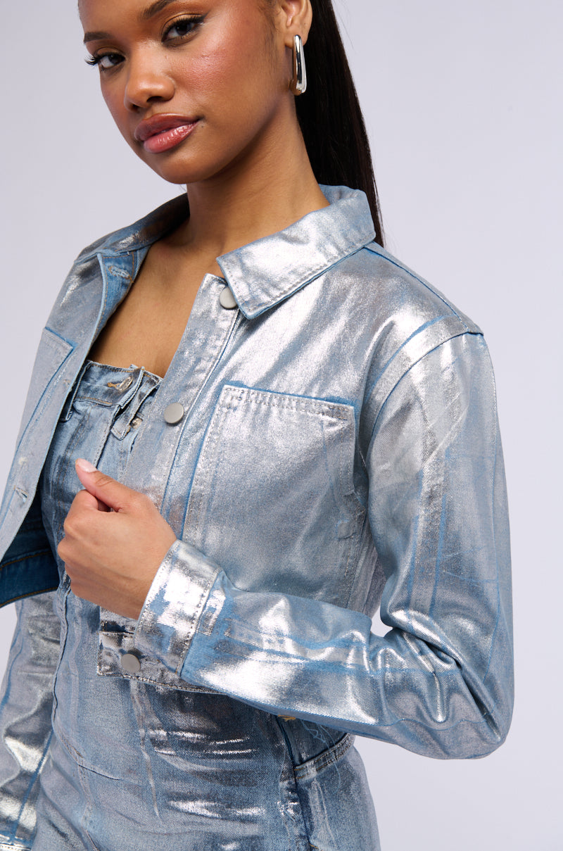 Full View Metallic Denim Button Down Crop Jacket