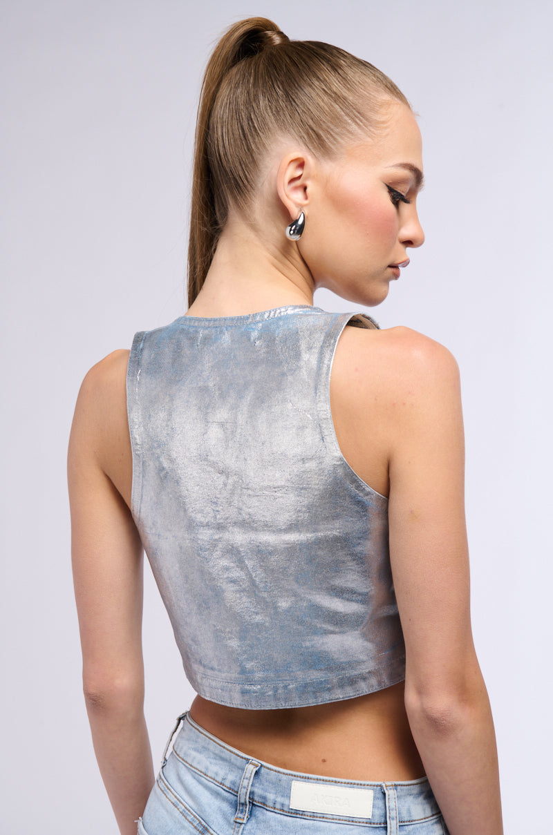 Detail View Metallic Denim Crop Vest 3