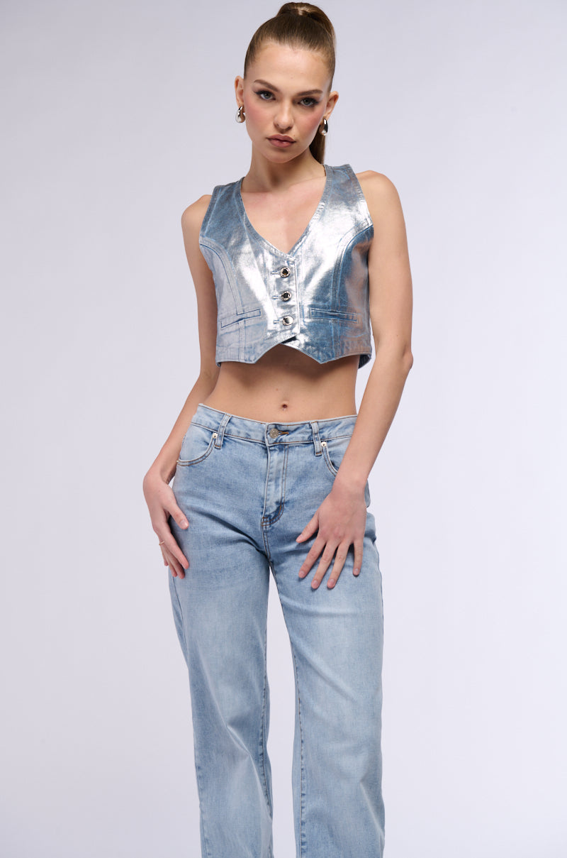 Full View Metallic Denim Crop Vest 4