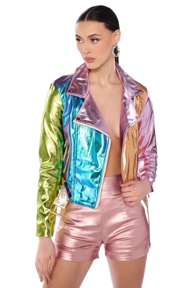 Front View Metallic Pastel Moto Jacket