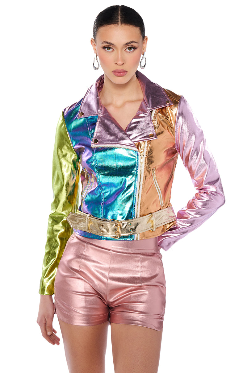 Side View Metallic Pastel Moto Jacket