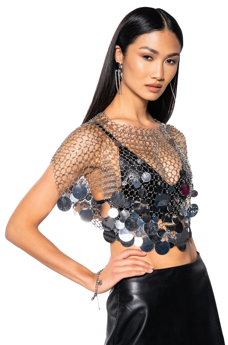 Front View Metallic Sequin Chain Metal Top