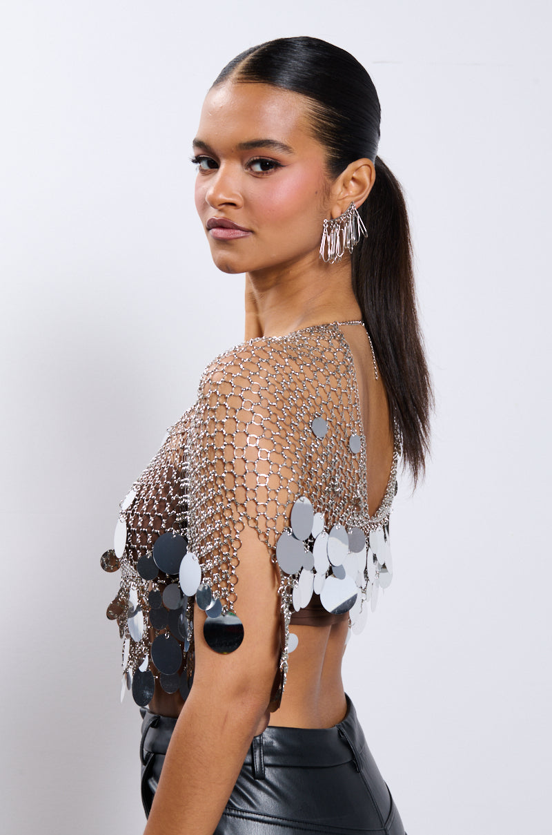 Detail View Metallic Sequin Chain Metal Top