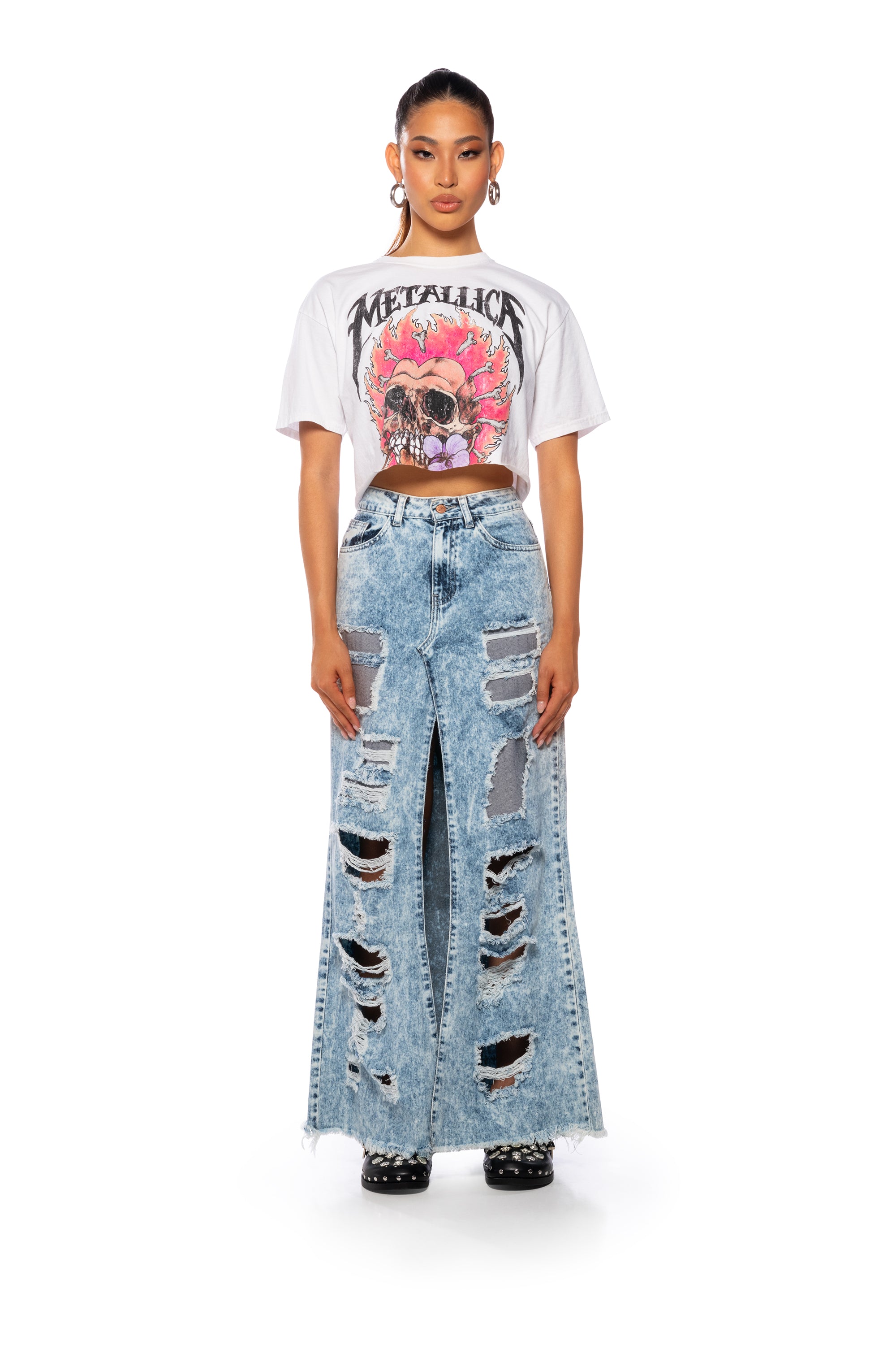 Extra View Metallica Floral Skull Cropped T Shirt